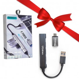 بسته 1+10 هاب 4 پورت USB 3.0 و تبدیل تایپ سی ترکا (TREQA) مدل USB-3 (یک عدد هدیه)