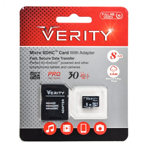 رم موبایل وریتی (VERITY) 8GB MicroSDHC 30MB/S 200X خشاب دار گارانتی آسان سرویس