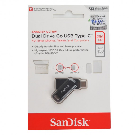 فلش سن دیسک (SanDisk) مدل 256GB Dual Drive Go USB3.2 Type-C گارانتی رهجو