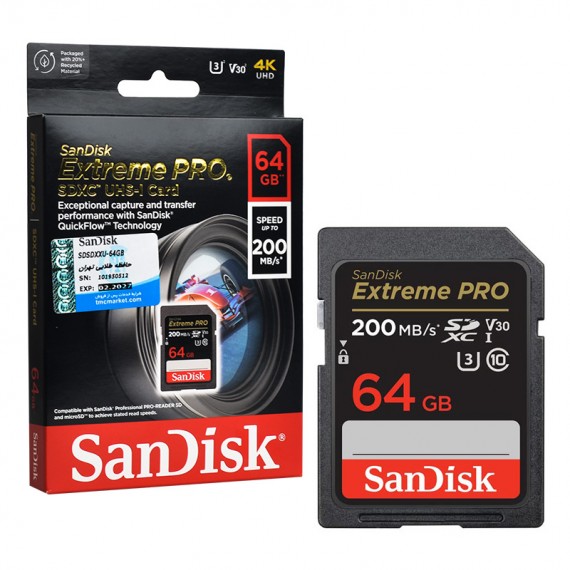 رم دوربین (SDXC) سن دیسک (SanDisk) مدل 64GB Extreme Pro 200MB/S گارانتی حافظه طلایی تهران