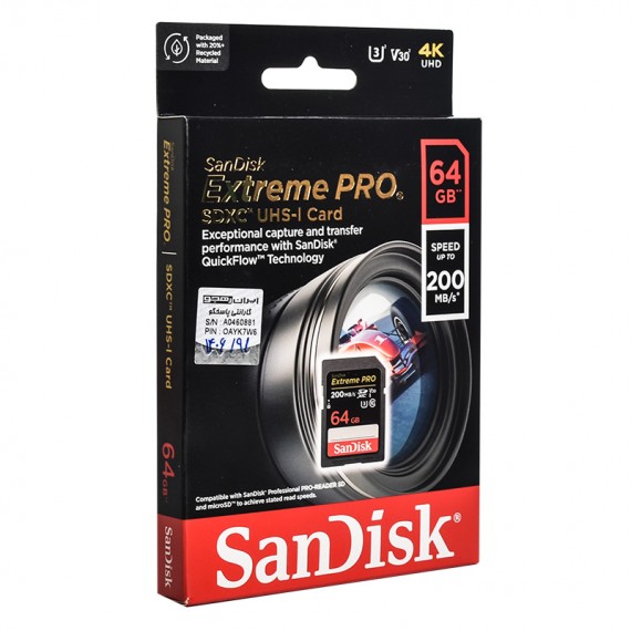 رم دوربین (SDXC) سن دیسک (SanDisk) مدل 64GB Extreme Pro 200MB/S گارانتی ایران رهجو