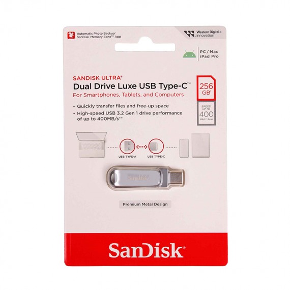 فلش سن دیسک (SanDisk) مدل 256GB Dual Drive Luxe USB3.2 Type-C گارانتی سازگار رنگ نقره ای