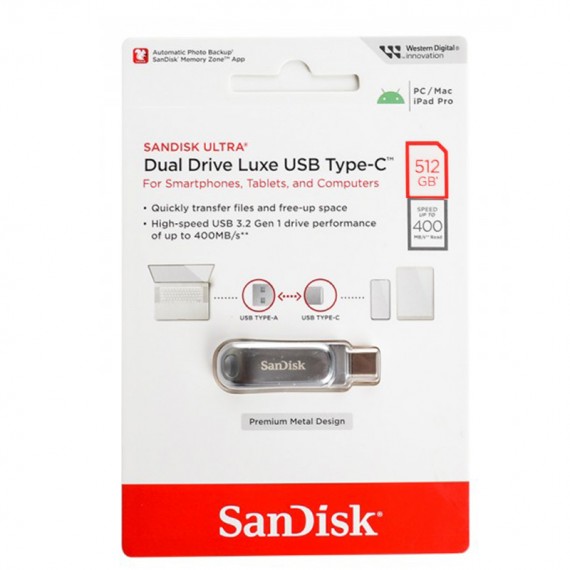 فلش سن دیسک (SanDisk) مدل 512GB Dual Drive Luxe USB3.2 Type-C گارانتی حافظه طلایی تهران